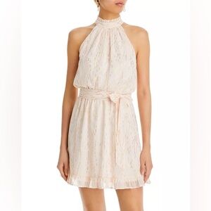 Aqua Halter Belted Mini Dress Ruffle Neck Sleeveless Lined Peach-Pink Gold L NWT